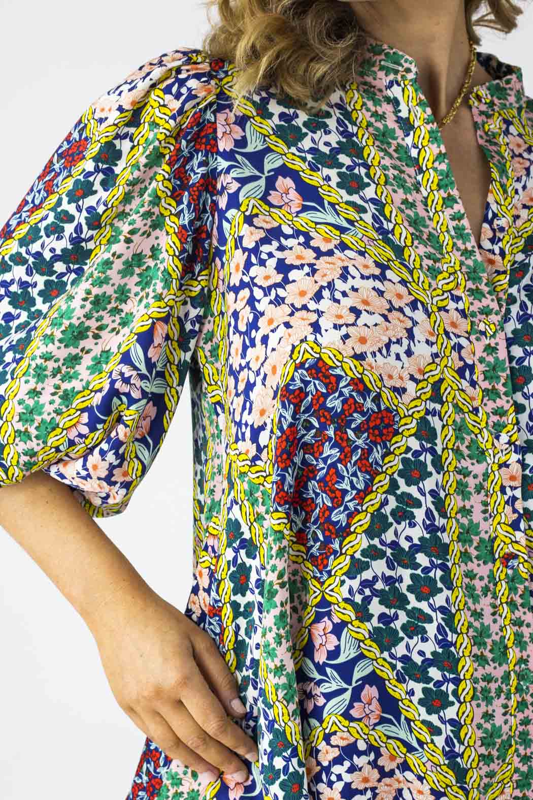 Floral Patchwork Silky Tunic Shirt - Sale