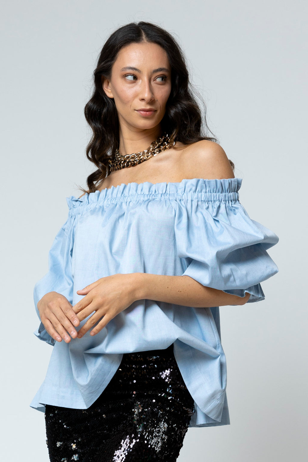 Chambray Cotton Off Shoulder Top NT