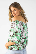 Mint Floral Silky Off Shoulder Top - Sale