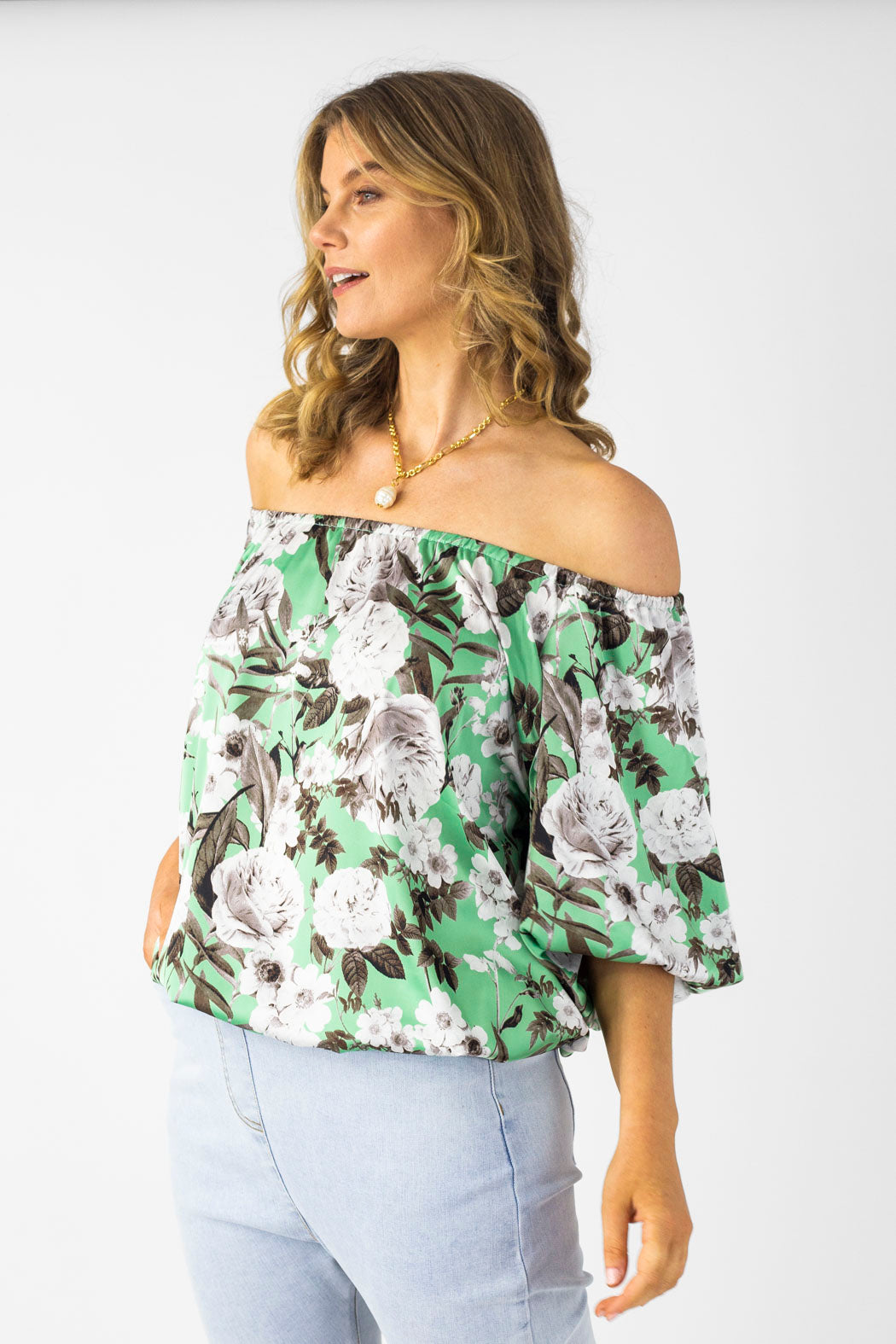 Mint Floral Silky Off Shoulder Top - Sale