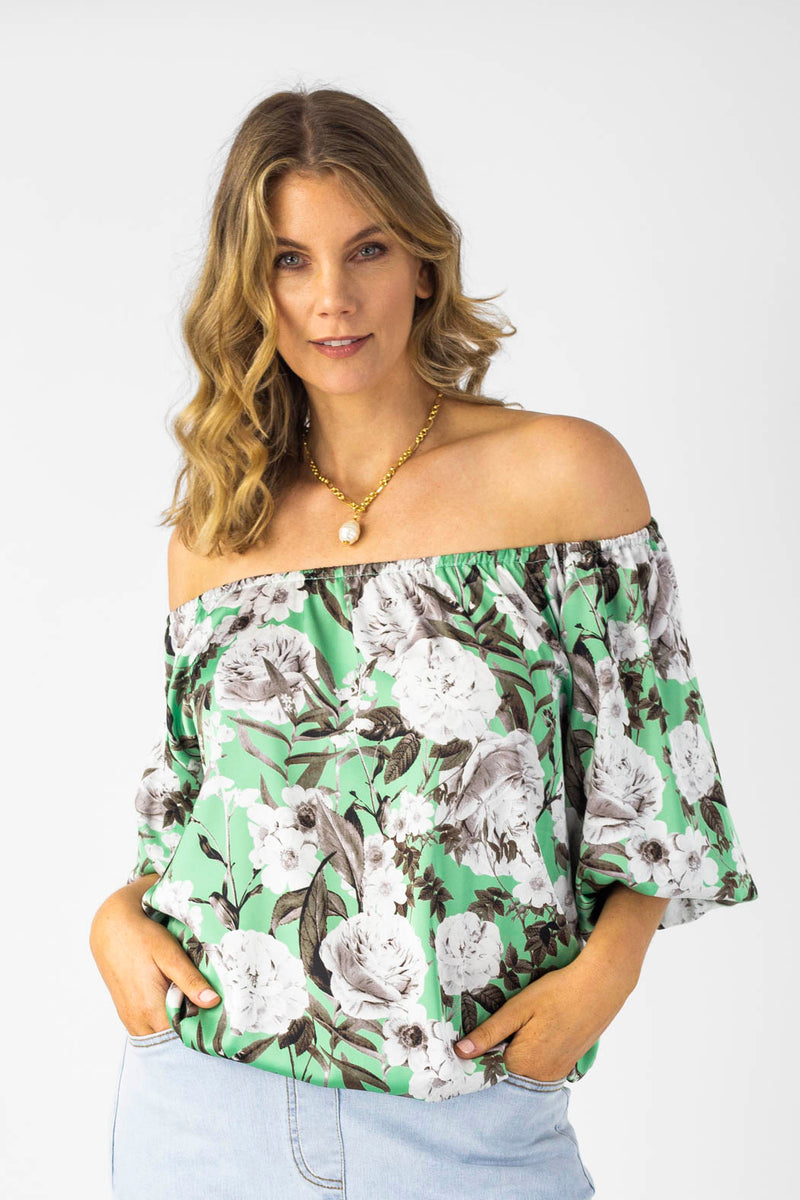 Mint Floral Silky Off Shoulder Top - Sale