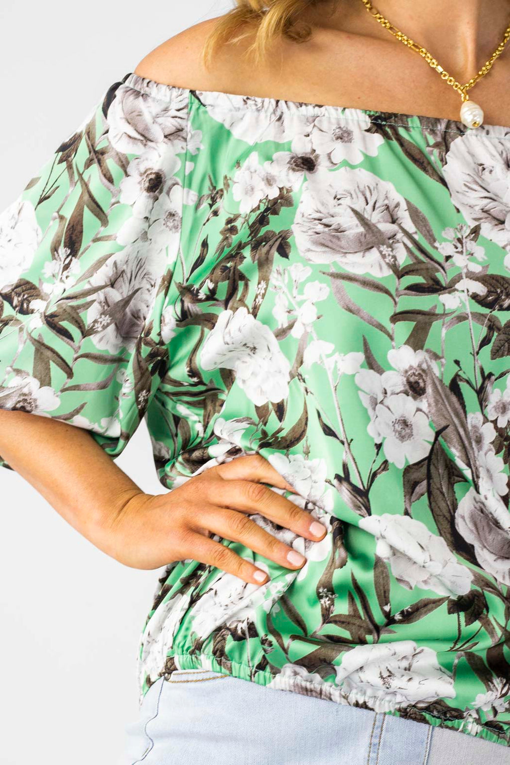 Mint Floral Silky Off Shoulder Top - Sale