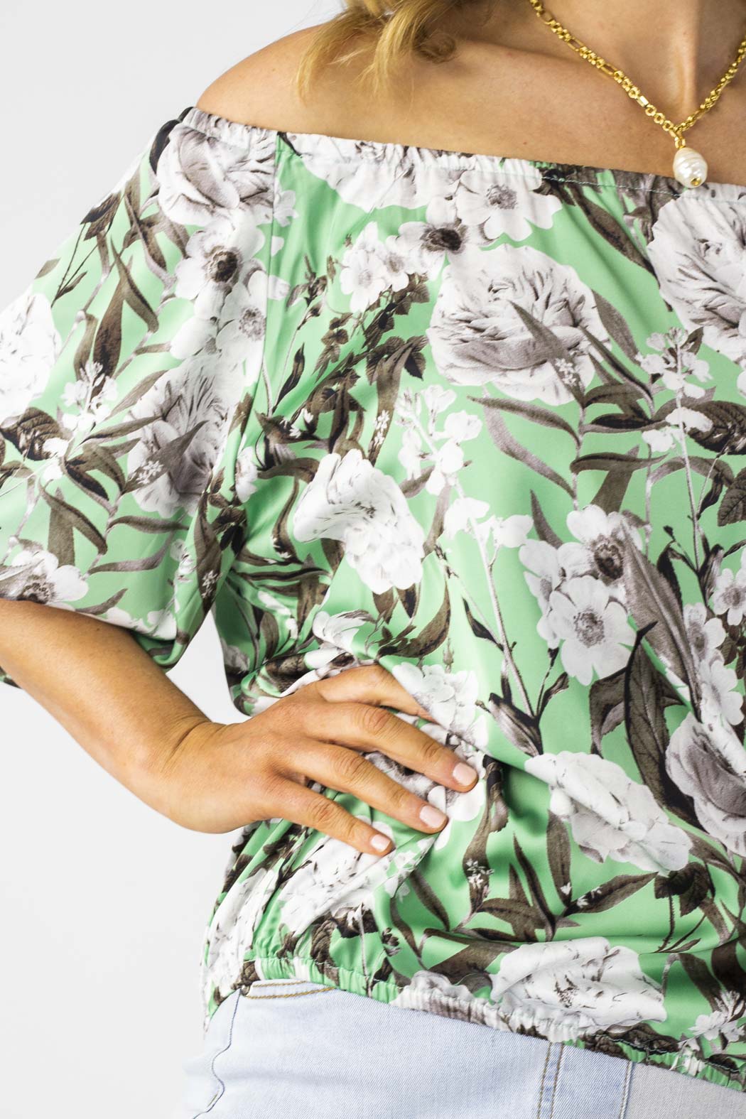 Mint Floral Silky Off Shoulder Top - Sale