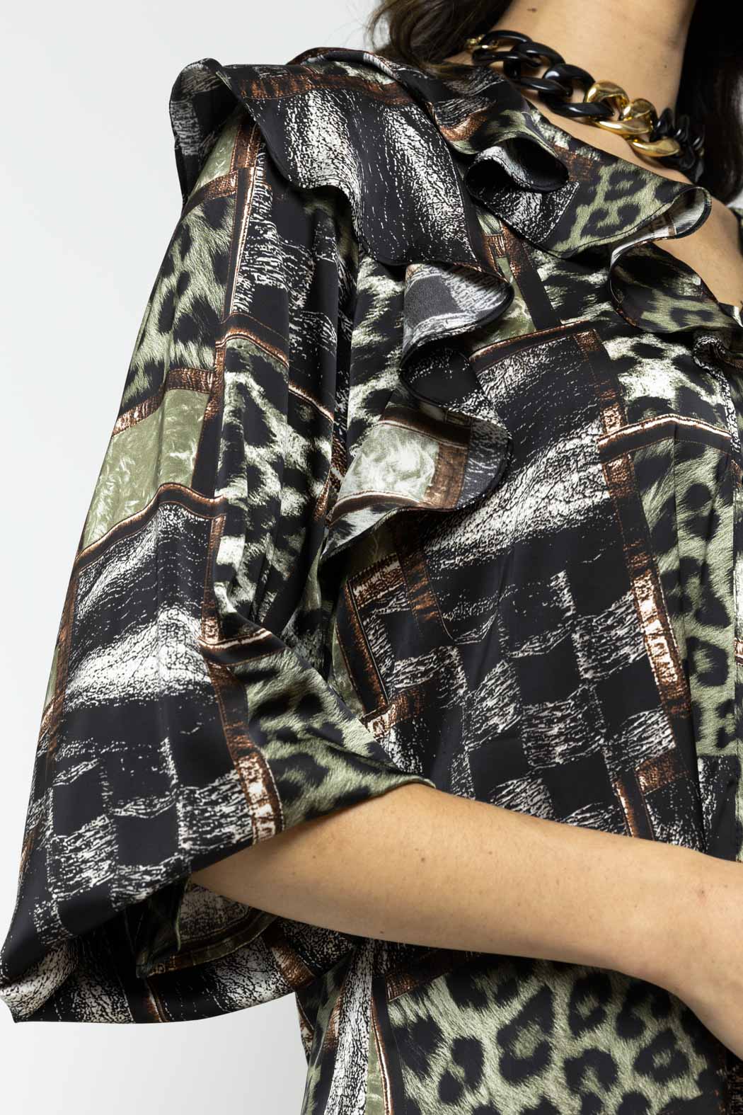 Khaki Silky Ruffle Shirt - Final Sale