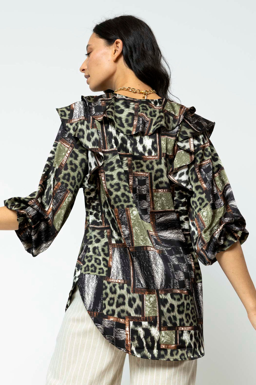 Khaki Silky Ruffle Shirt - Final Sale