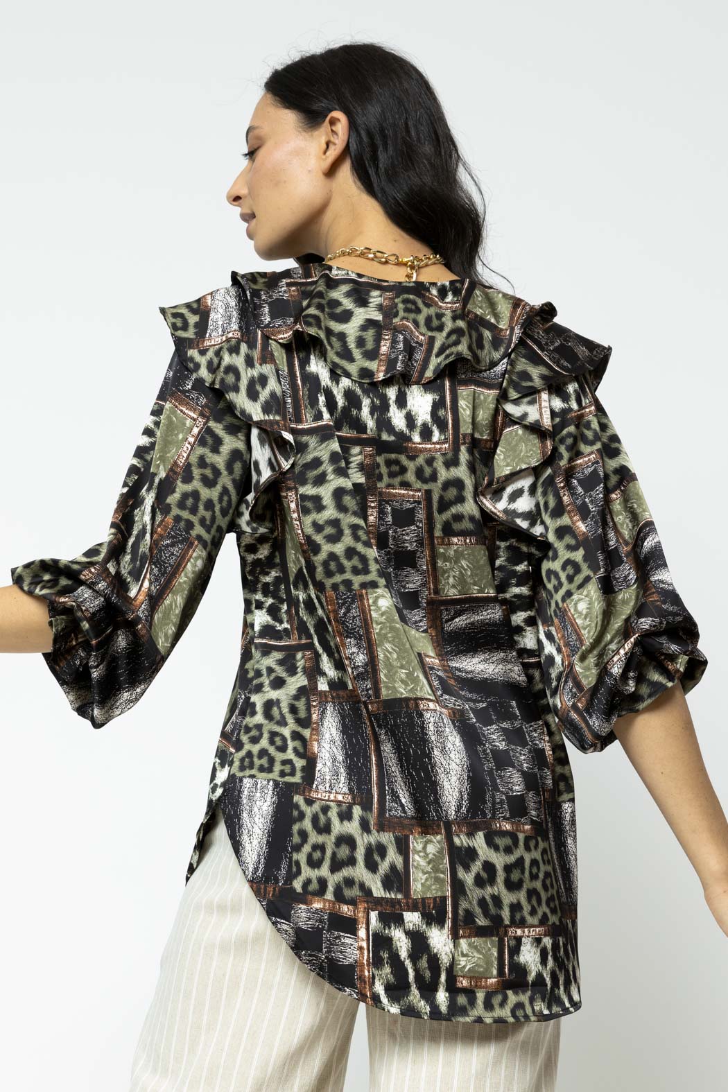 Khaki Silky Ruffle Shirt - Final Sale