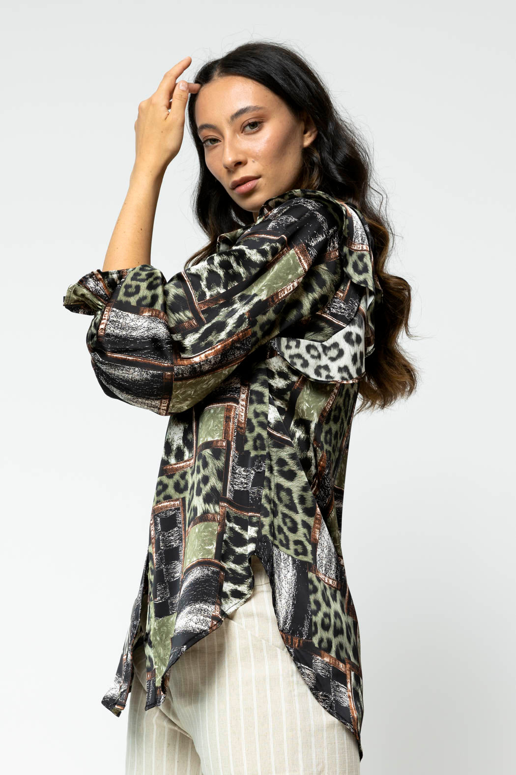 Khaki Silky Ruffle Shirt - Final Sale