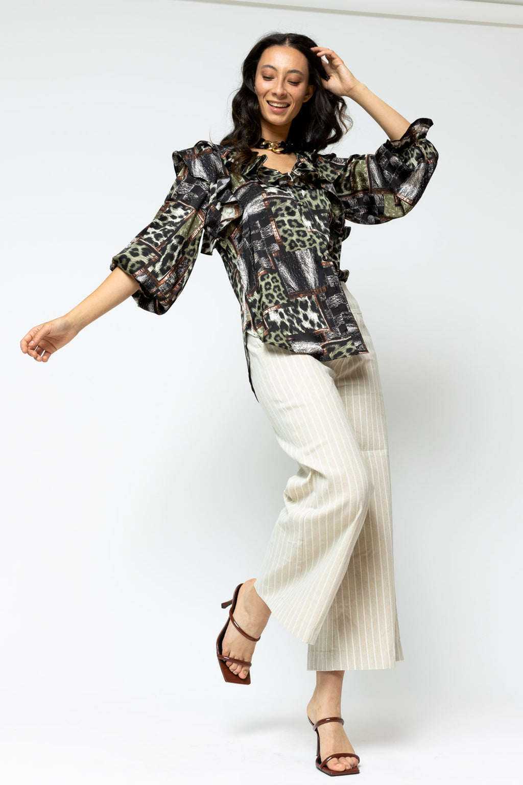 Khaki Silky Ruffle Shirt - Final Sale