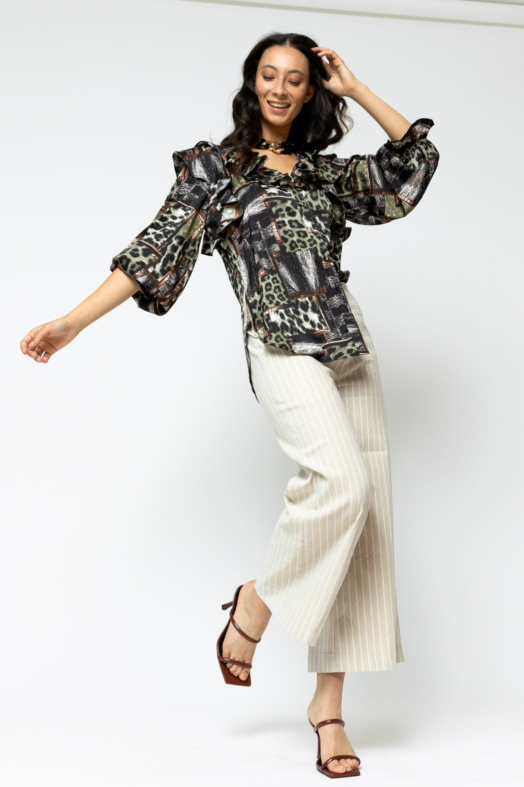 Khaki Silky Ruffle Shirt - Final Sale