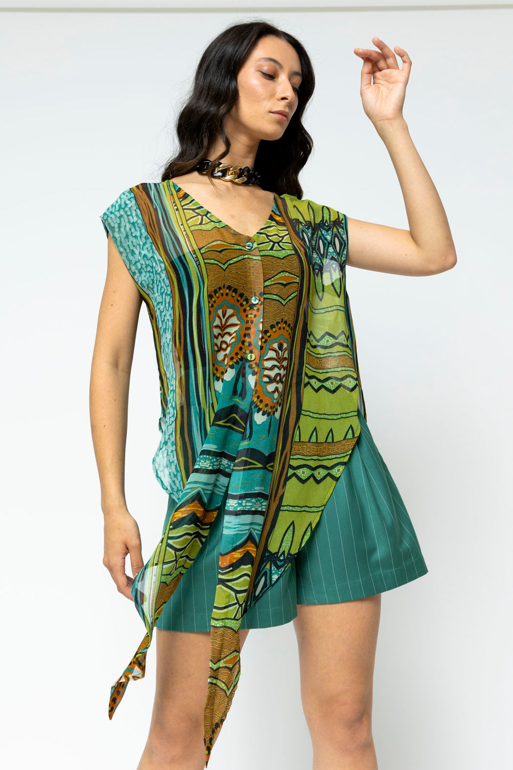Jade Print Sleeveless Zhoush Tie Top - Sale