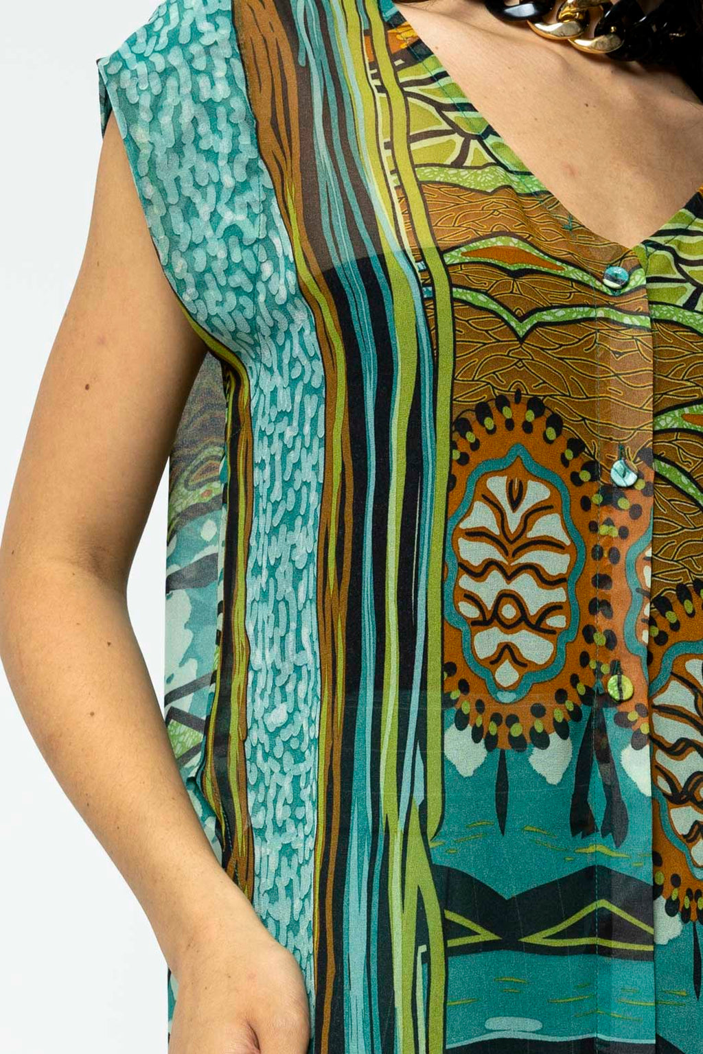 Jade Print Sleeveless Zhoush Tie Top - Sale