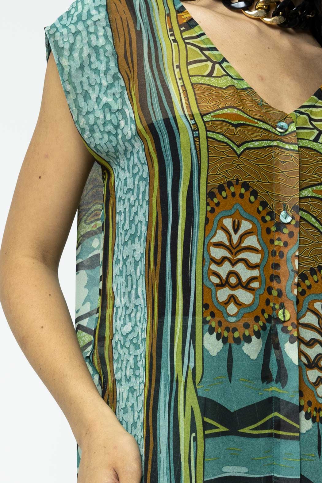 Jade Print Sleeveless Zhoush Tie Top - Sale