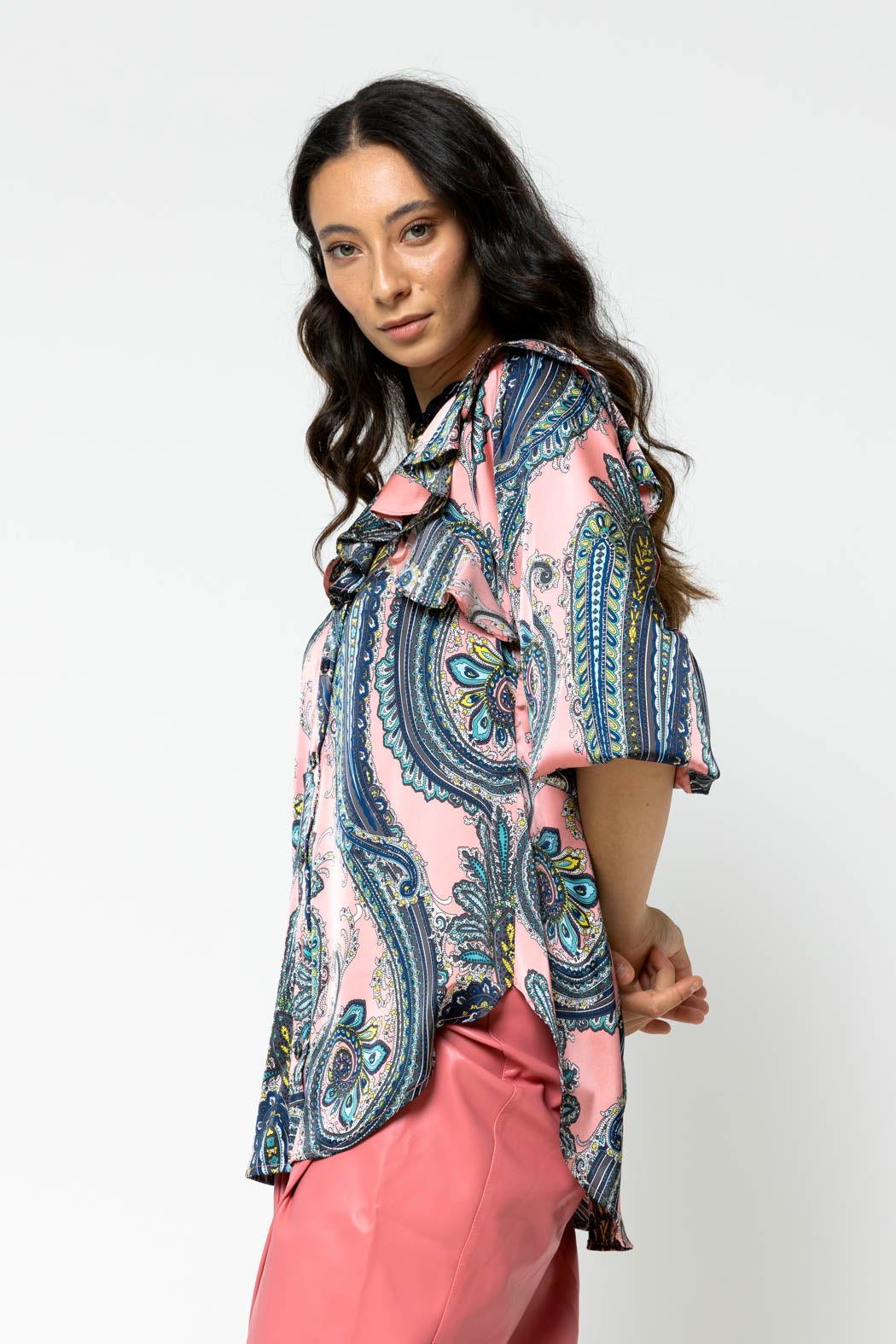 Pink Paisley Silky Ruffle Shirt - Sale