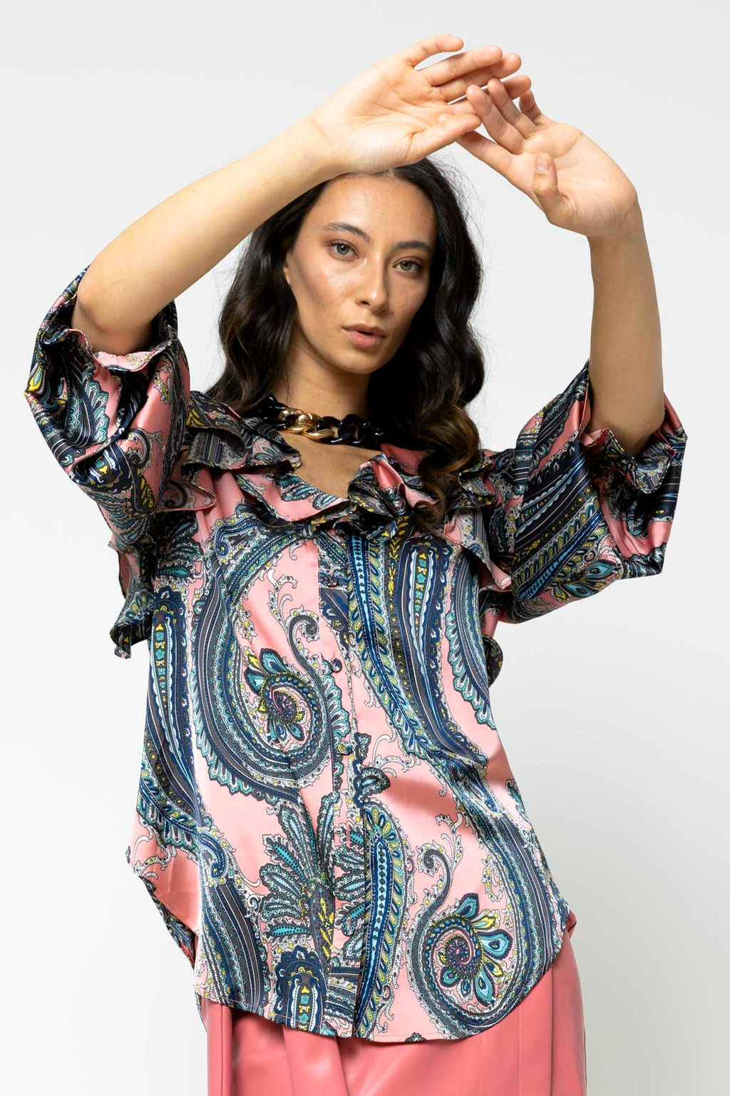 Pink Paisley Silky Ruffle Shirt - Sale