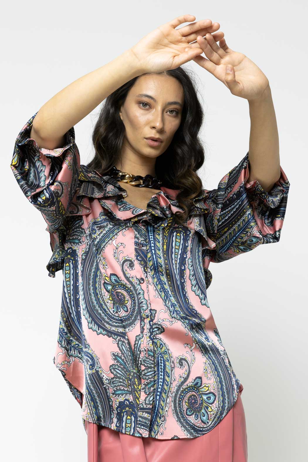 Pink Paisley Silky Ruffle Shirt - Sale