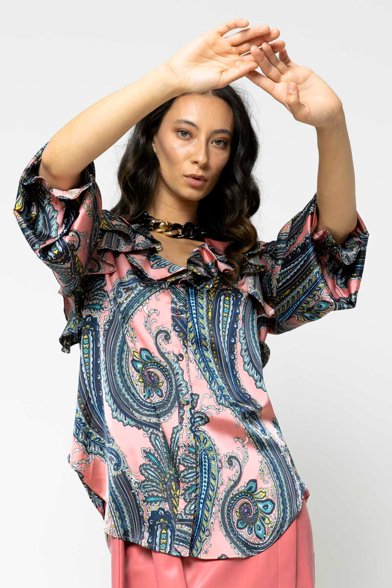 Pink Paisley Silky Ruffle Shirt - Sale