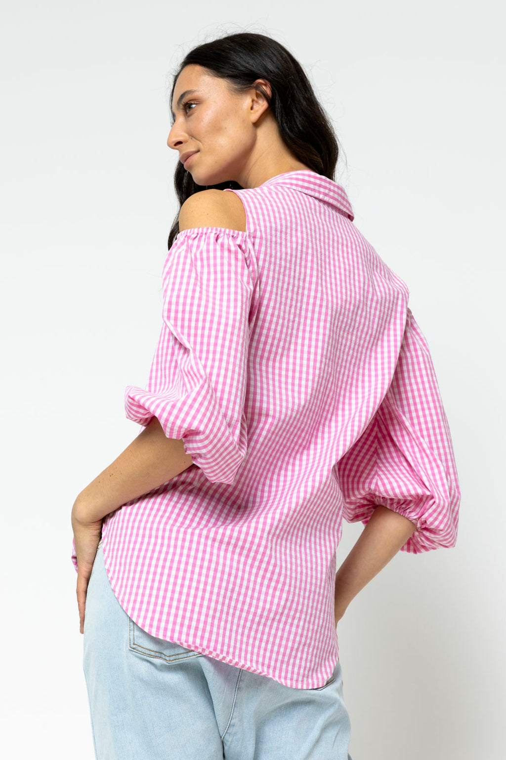Pink Gingham Open Shoulder Shirt - Sale