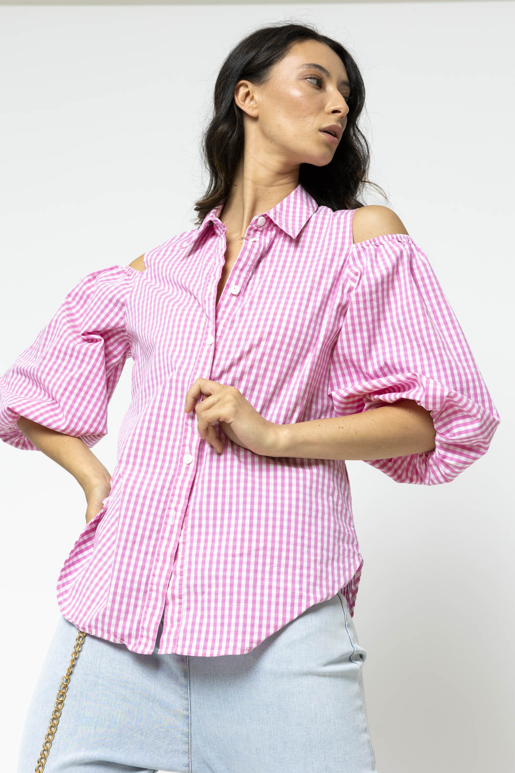 Pink Gingham Open Shoulder Shirt - Sale
