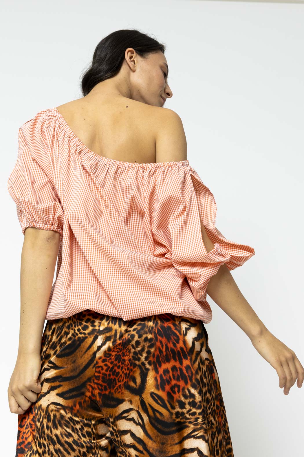 Orange Gingham Split Sleeve Off Shoulder Top - Sale