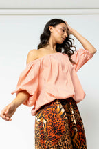 Orange Gingham Split Sleeve Off Shoulder Top - Sale