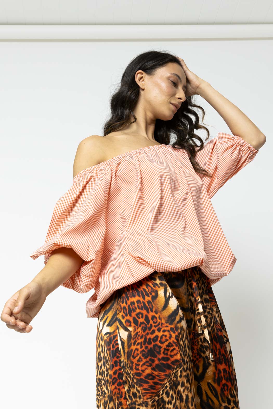 Orange Gingham Split Sleeve Off Shoulder Top - Sale