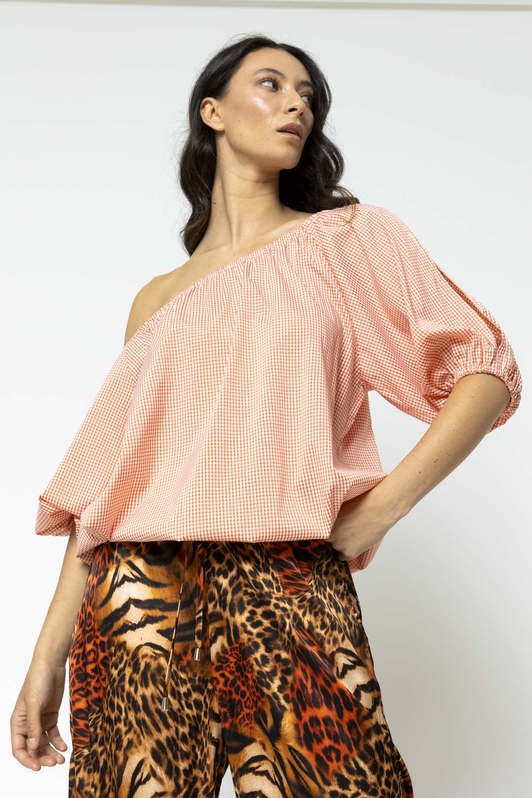 Orange Gingham Split Sleeve Off Shoulder Top - Sale