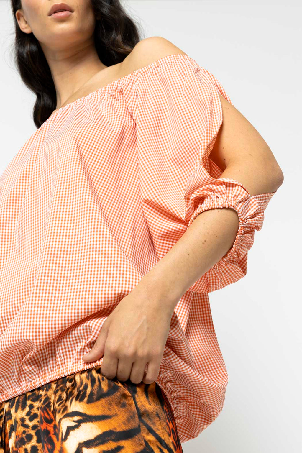 Orange Gingham Split Sleeve Off Shoulder Top - Sale