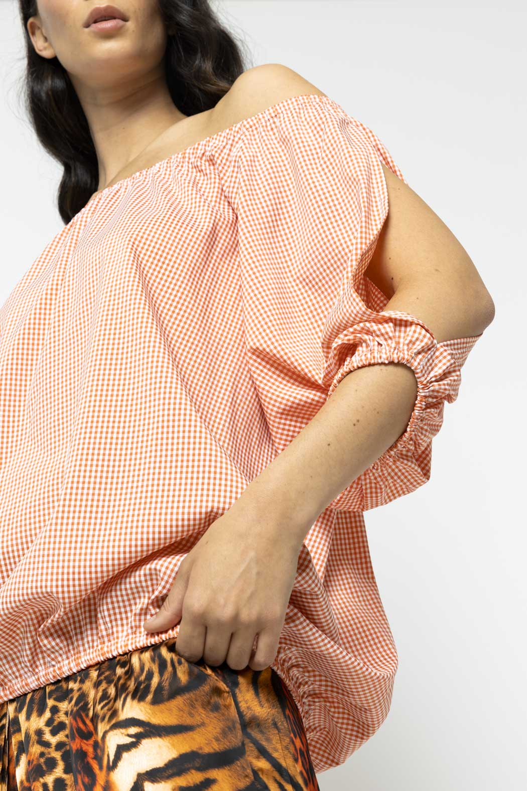 Orange Gingham Split Sleeve Off Shoulder Top - Sale