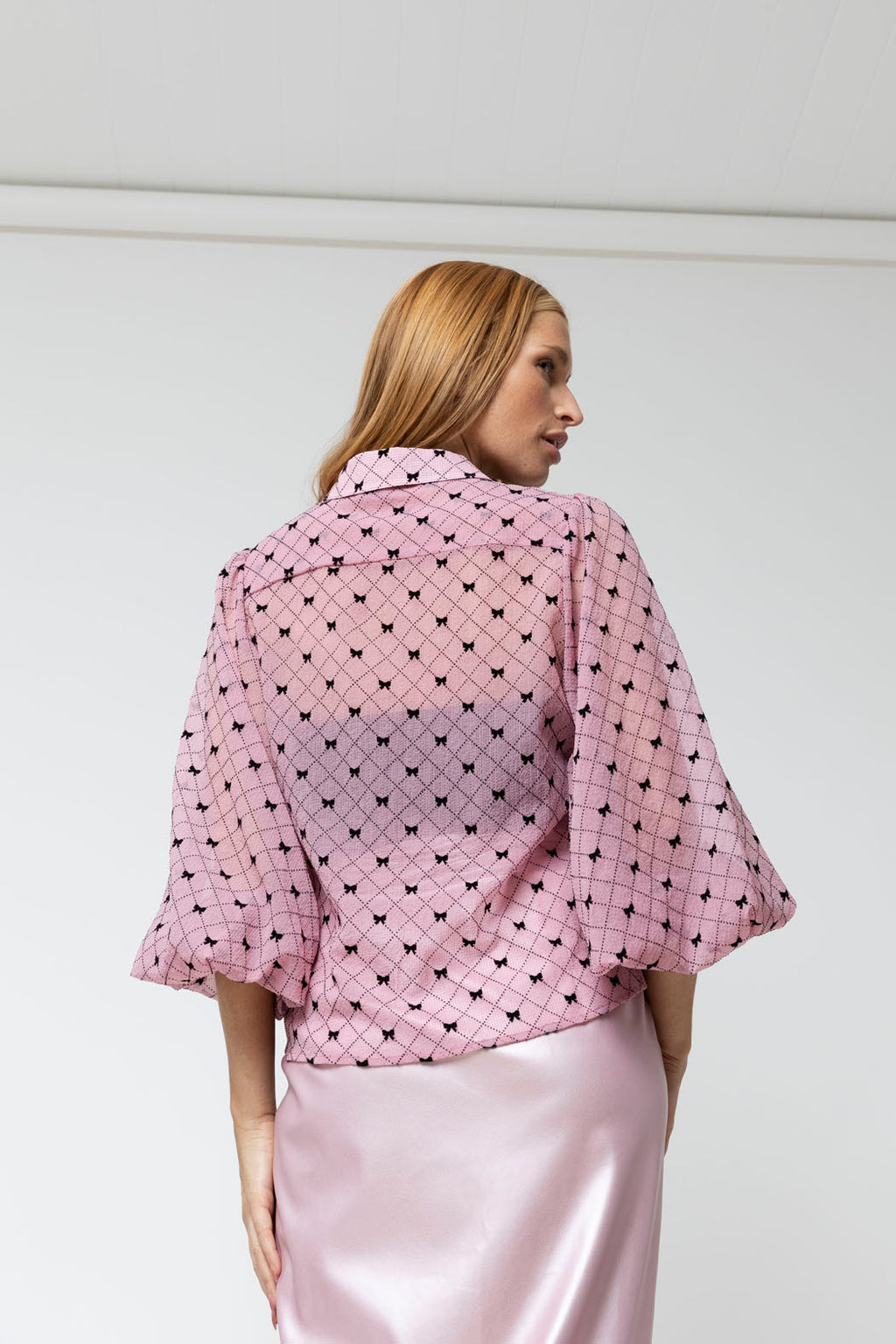 Pink Bow Balloon Sleeve Shirt