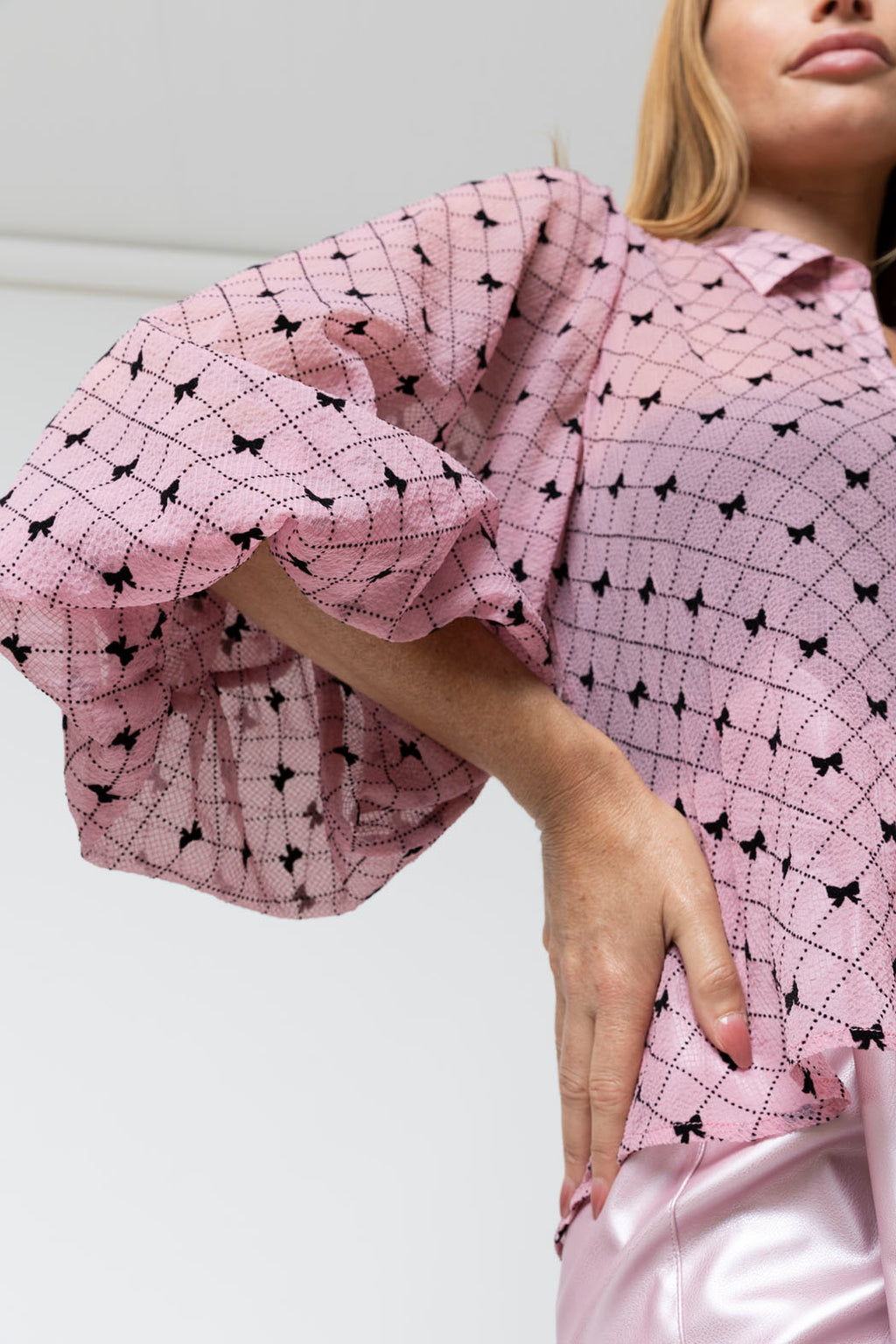 Pink Bow Balloon Sleeve Shirt