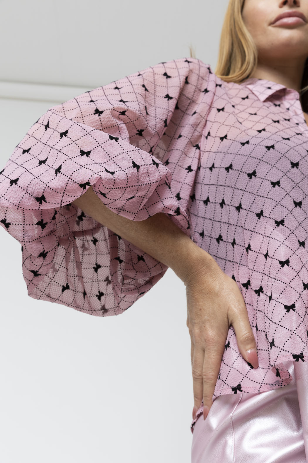 Pink Bow Balloon Sleeve Shirt