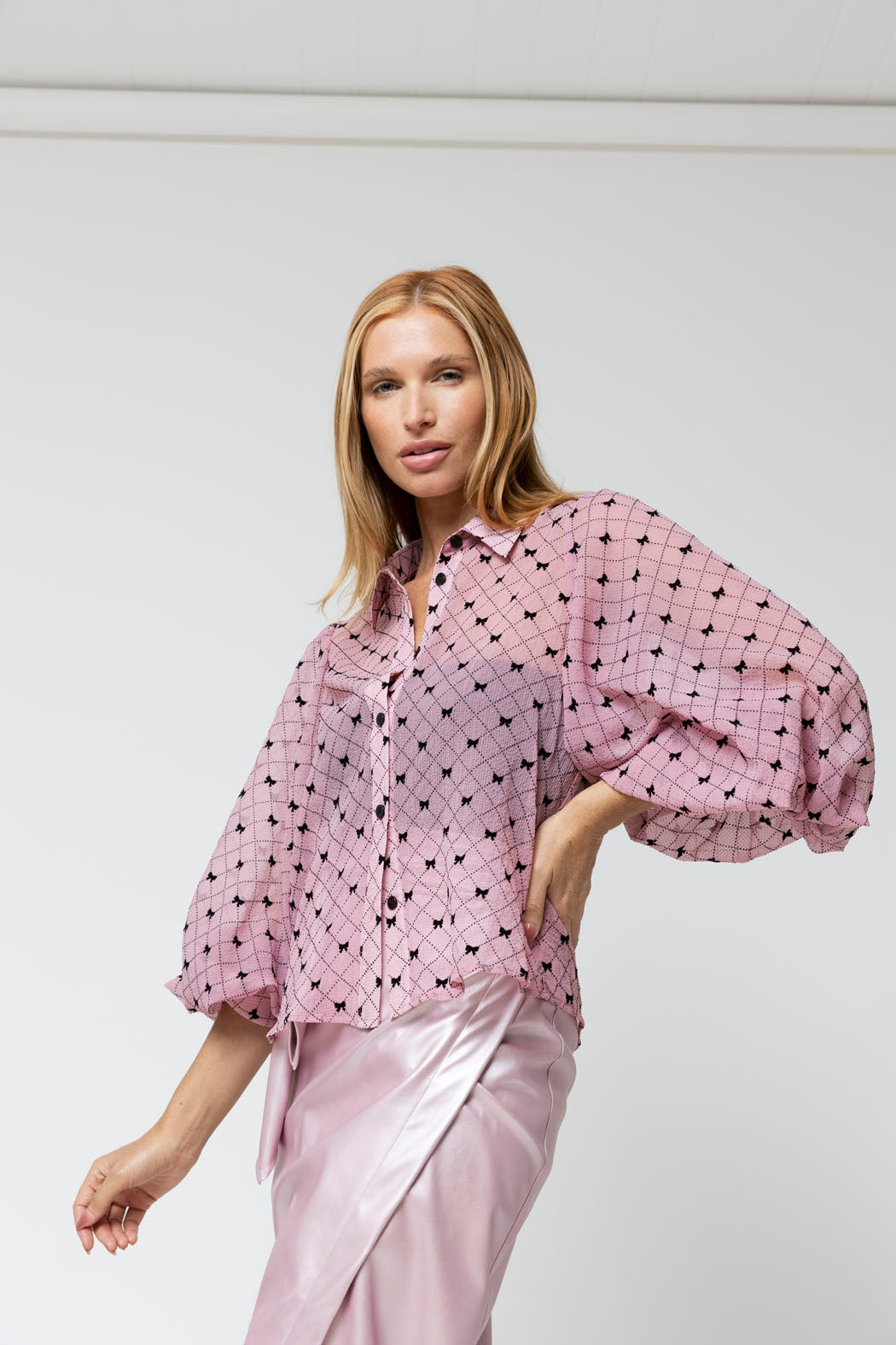 Pink Bow Balloon Sleeve Shirt