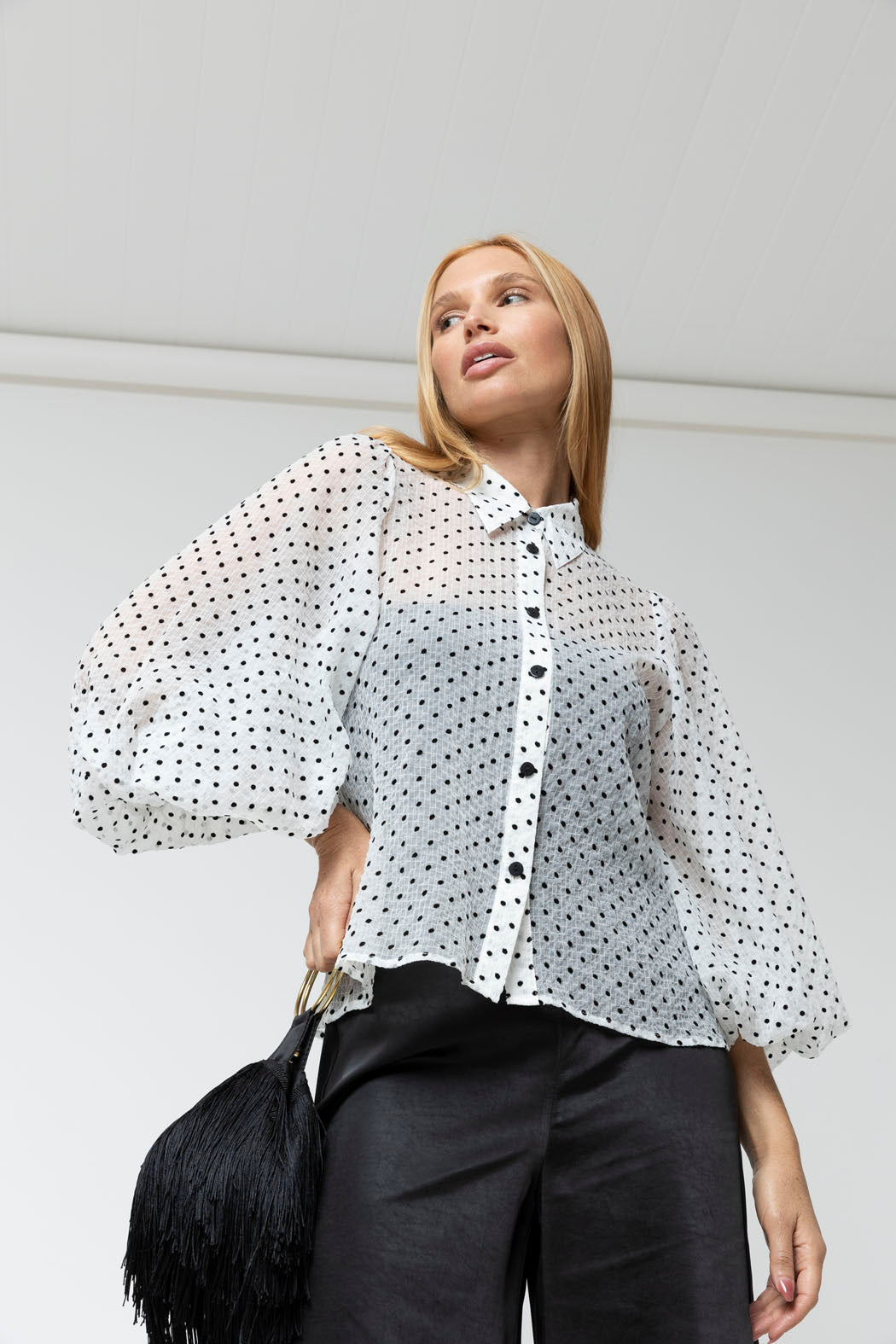White Polka Dot Balloon Sleeve Shirt