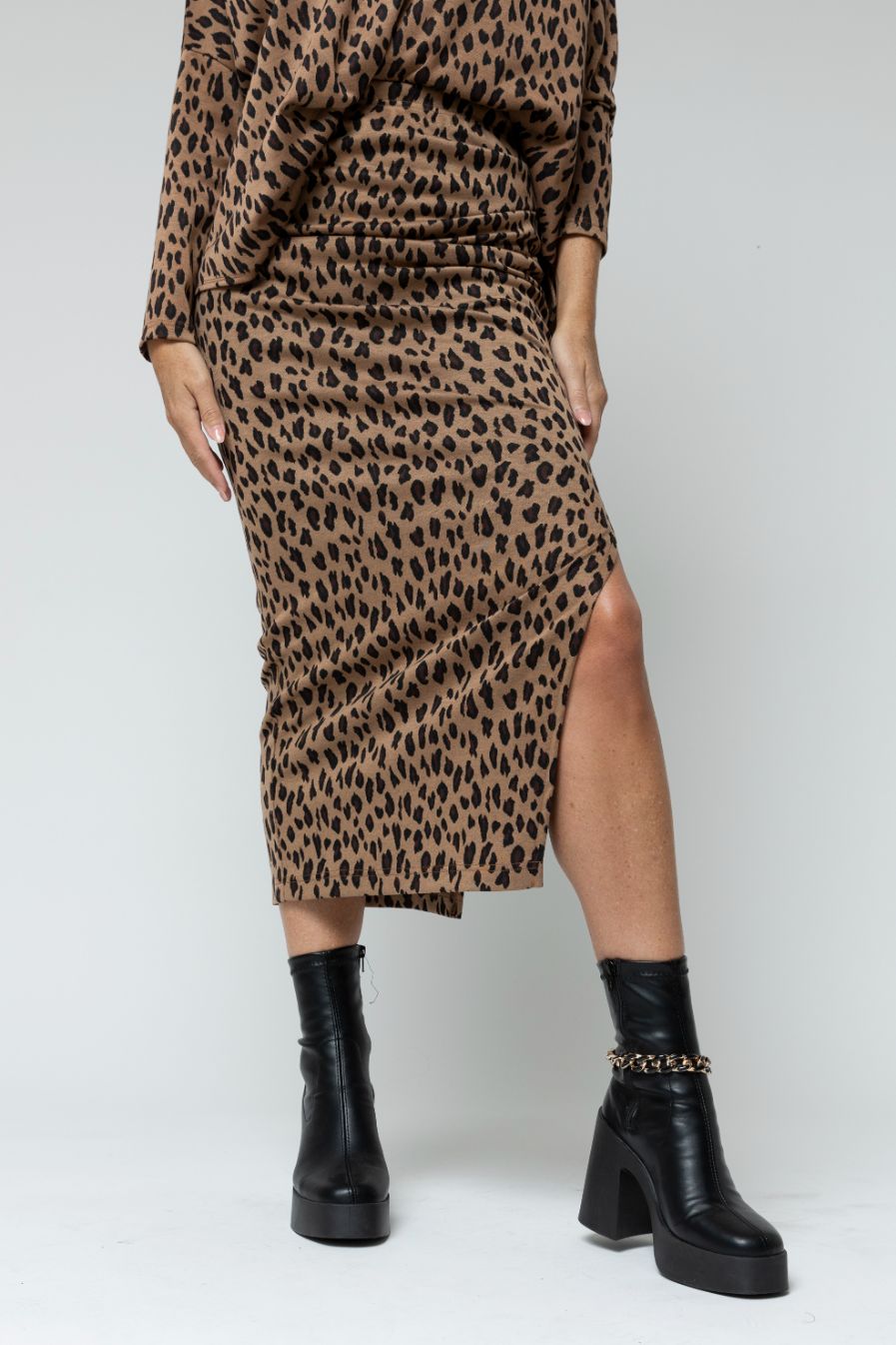 Tan Animal Jacquard Split Skirt - Sale