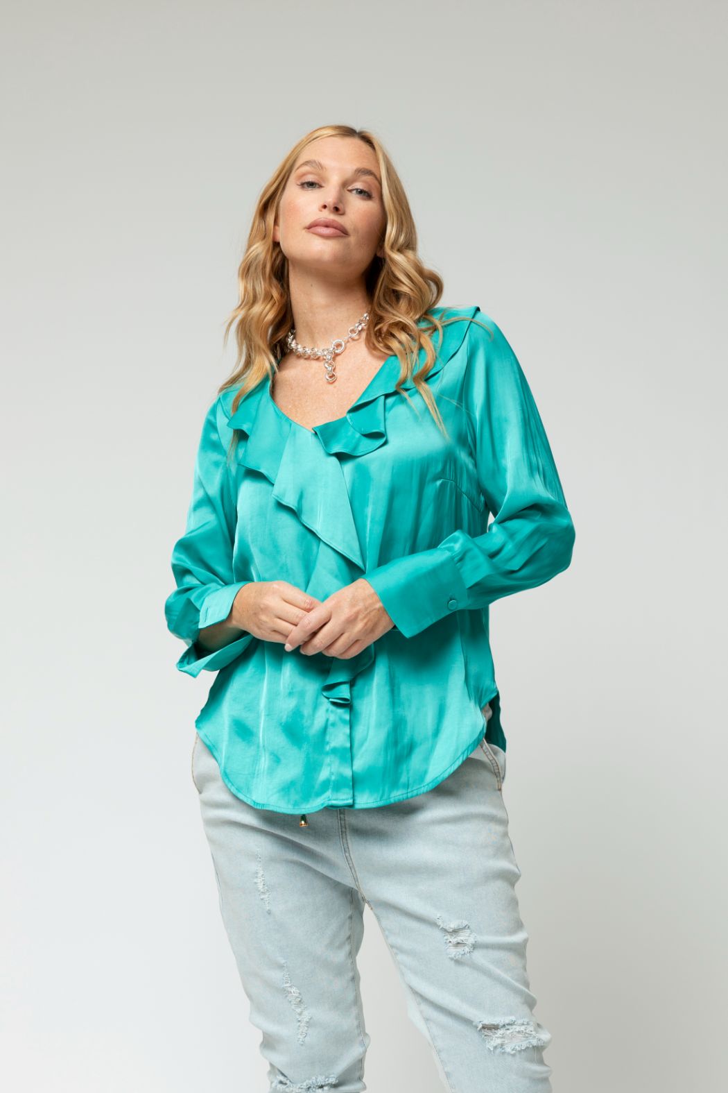 Turquoise Cascade Frill Shirt - Final Sale