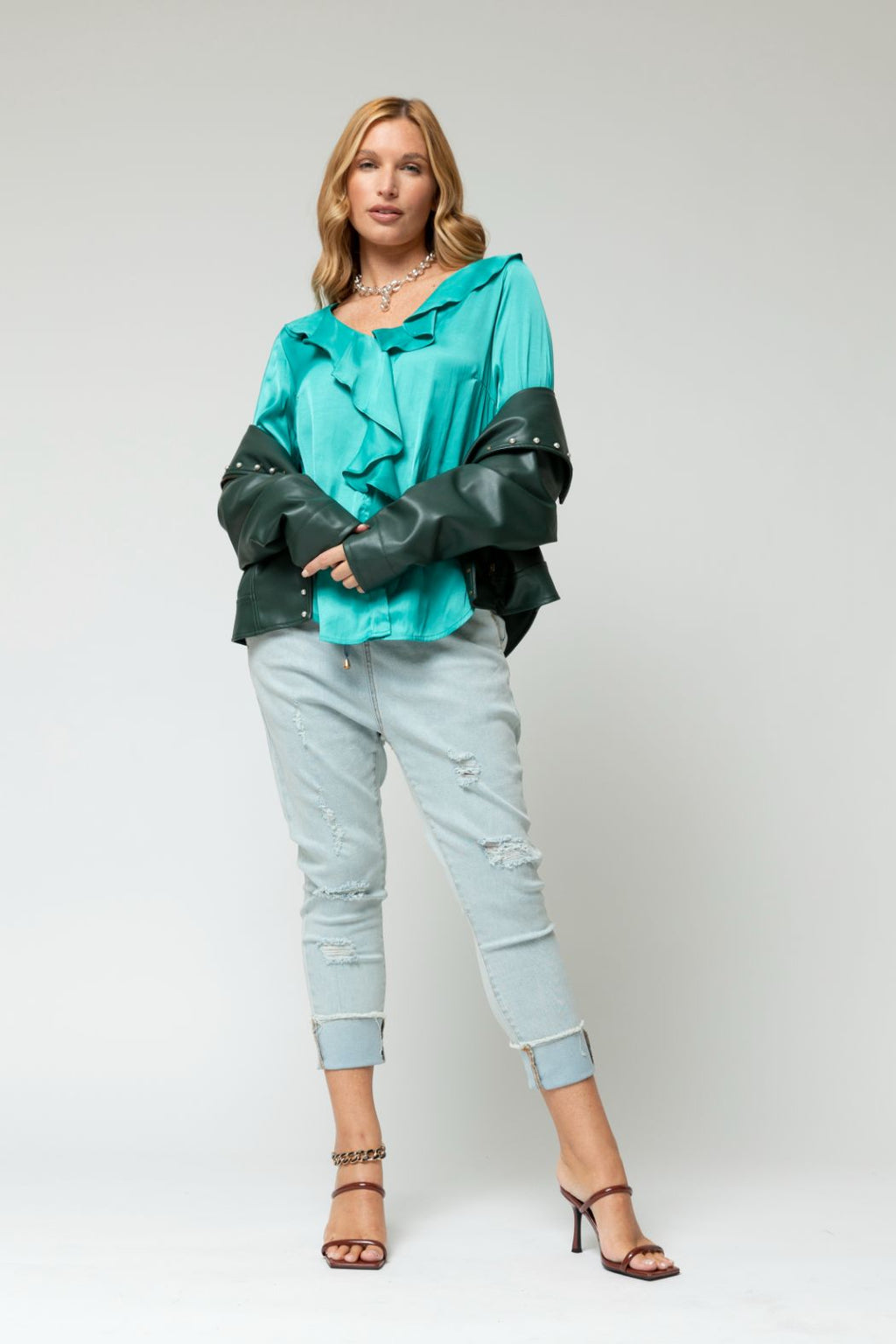 Turquoise Cascade Frill Shirt - Final Sale