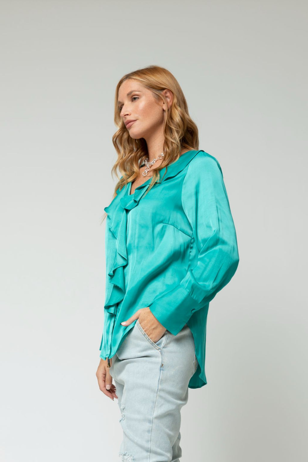 Turquoise Cascade Frill Shirt - Final Sale