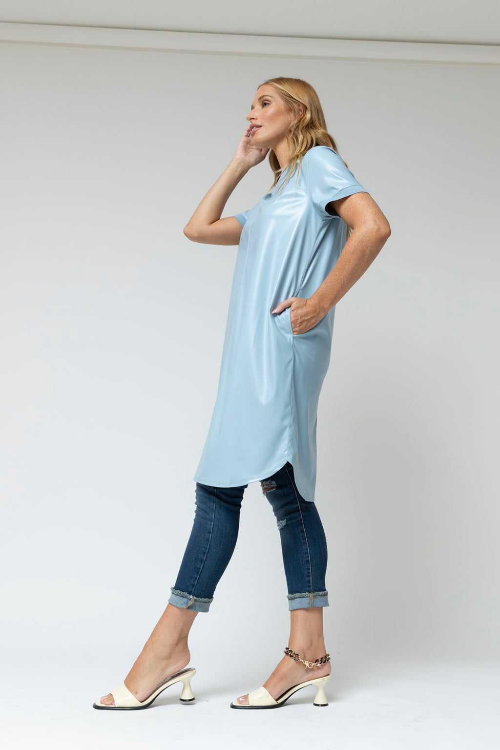 Pale Blue Faye Vegan Leather Tee Dress - Final Sale