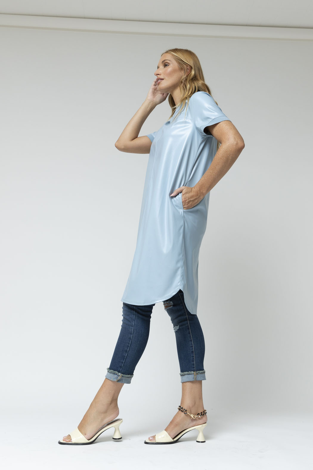 Pale Blue Faye Vegan Leather Tee Dress - Final Sale