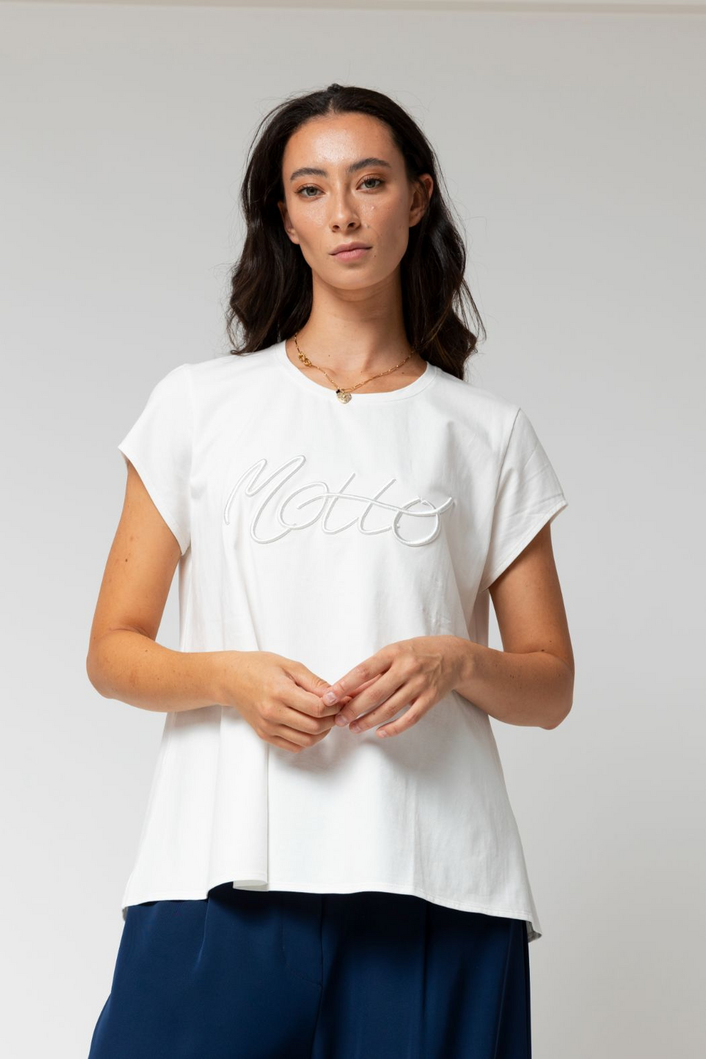 White Motto Embroidered Tee - Final Sale