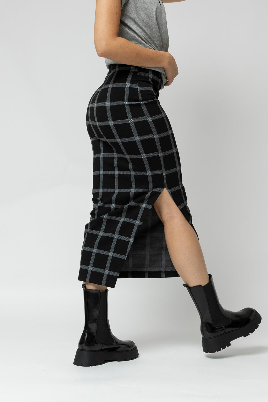 Black Check Split Skirt