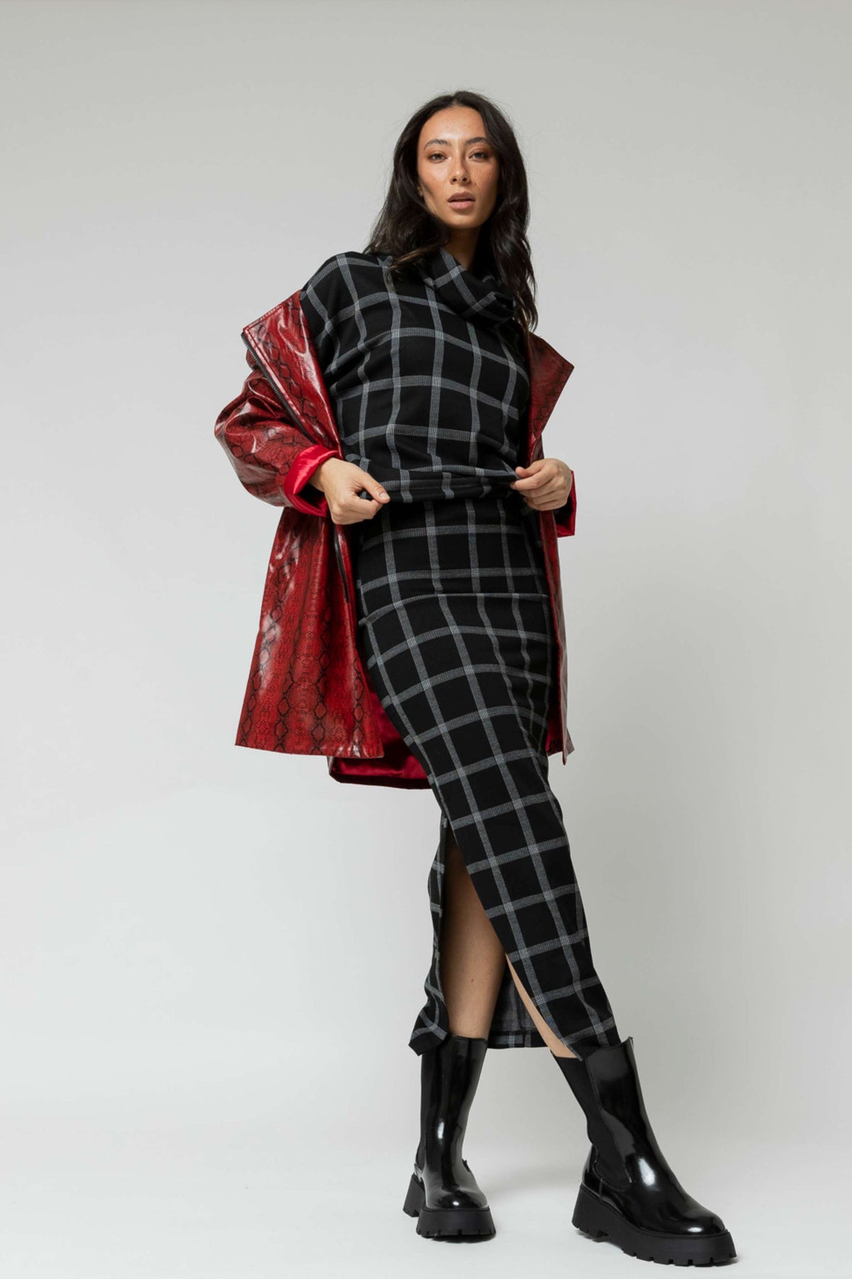 Black Check Split Skirt