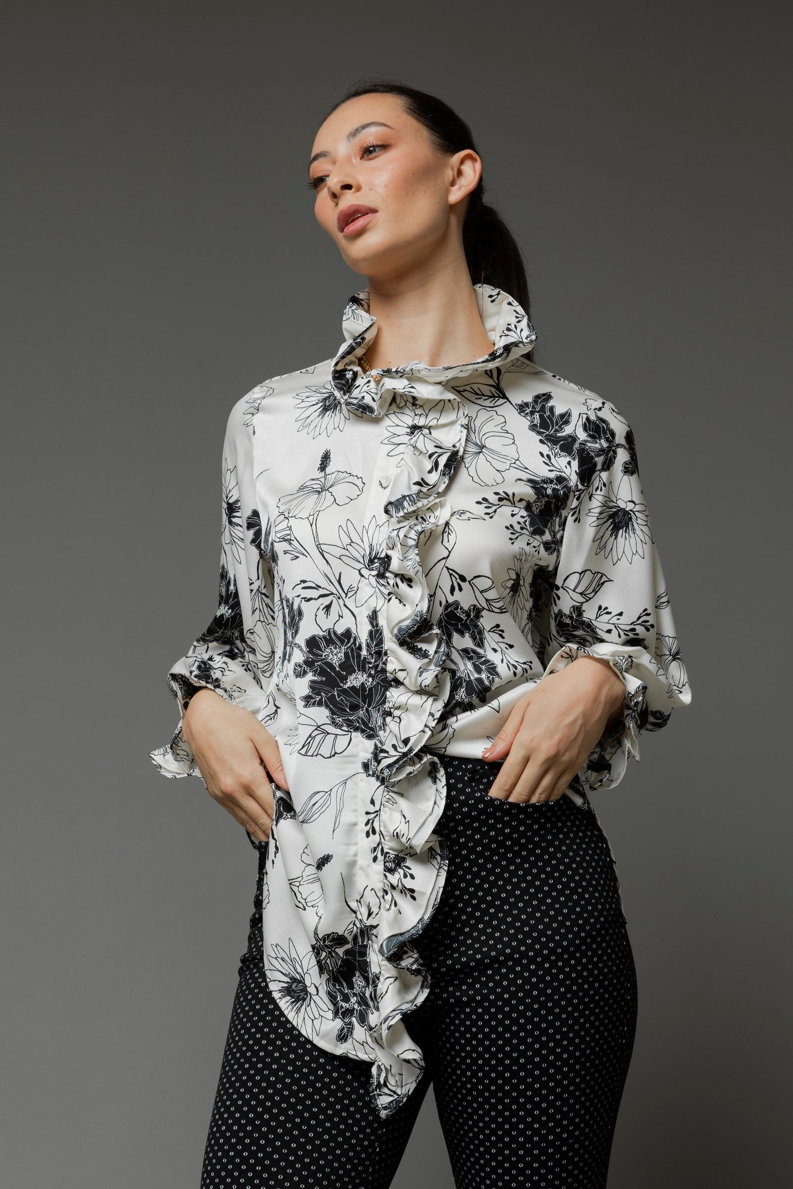 Black White Double Frill Blouse