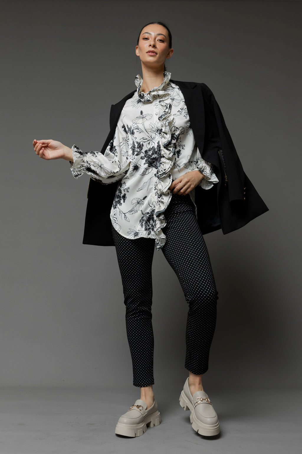 Black White Double Frill Blouse