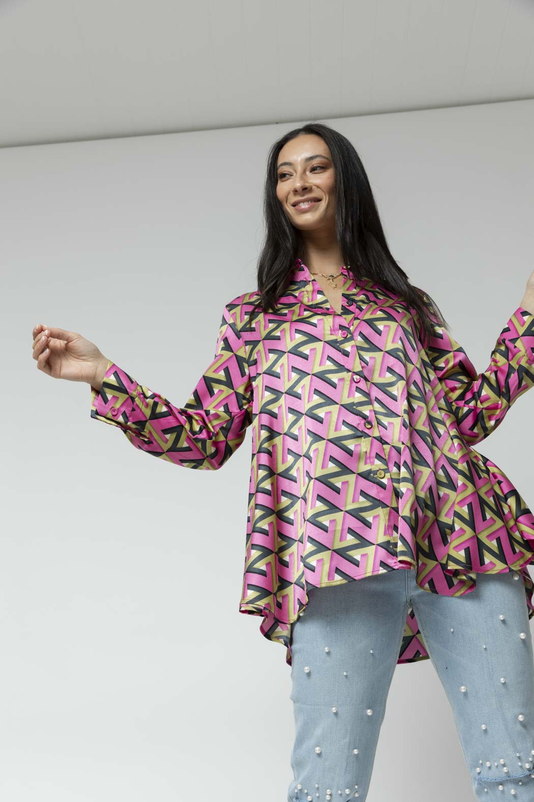 Pink Lime Silky Flared Shirt
