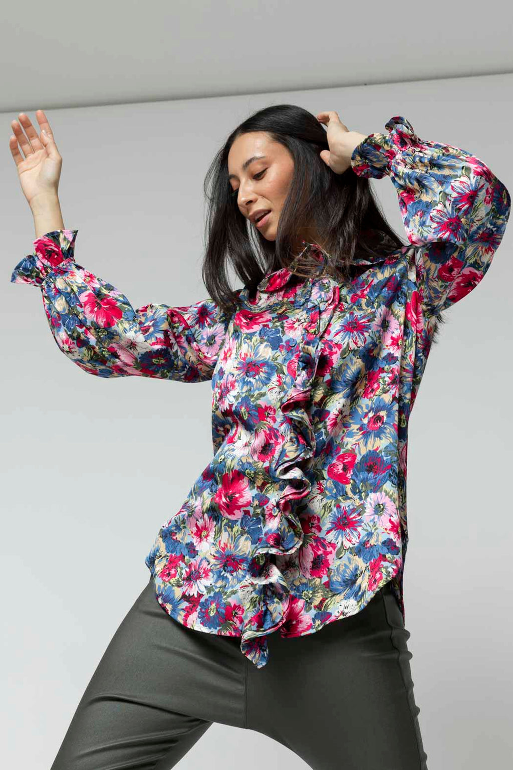 Blue Floral Double Frill Blouse
