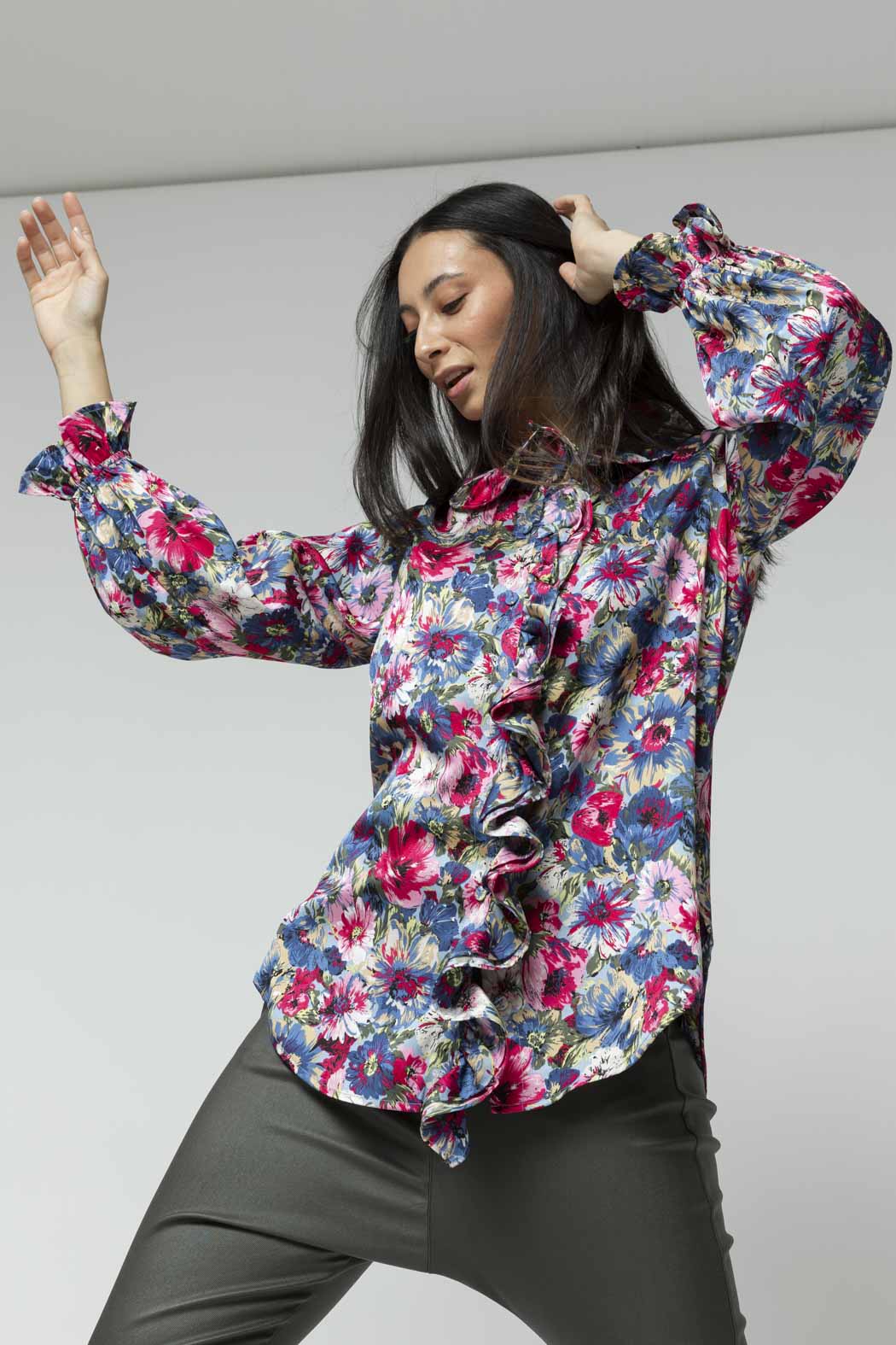 Blue Floral Double Frill Blouse
