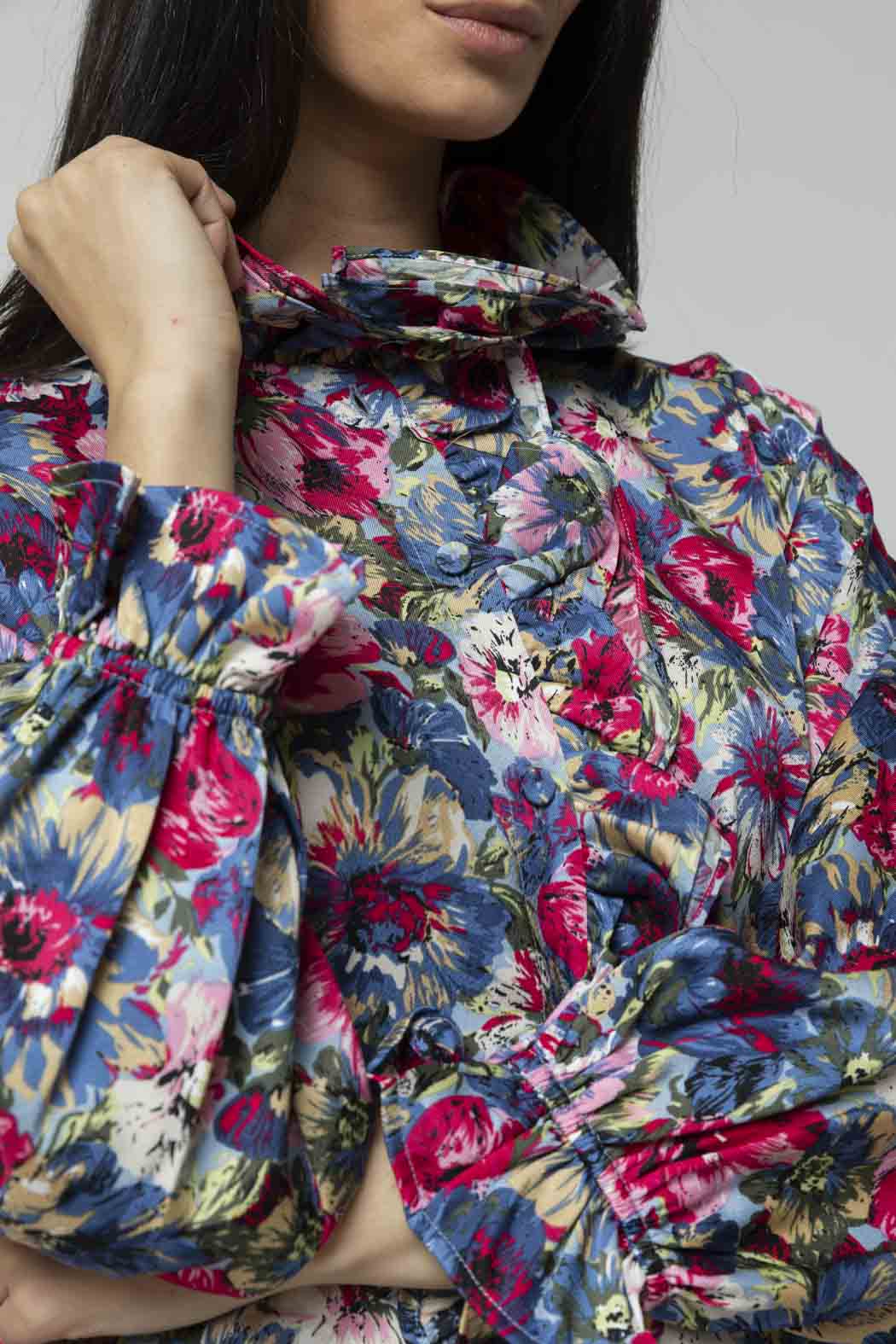 Blue Floral Double Frill Blouse