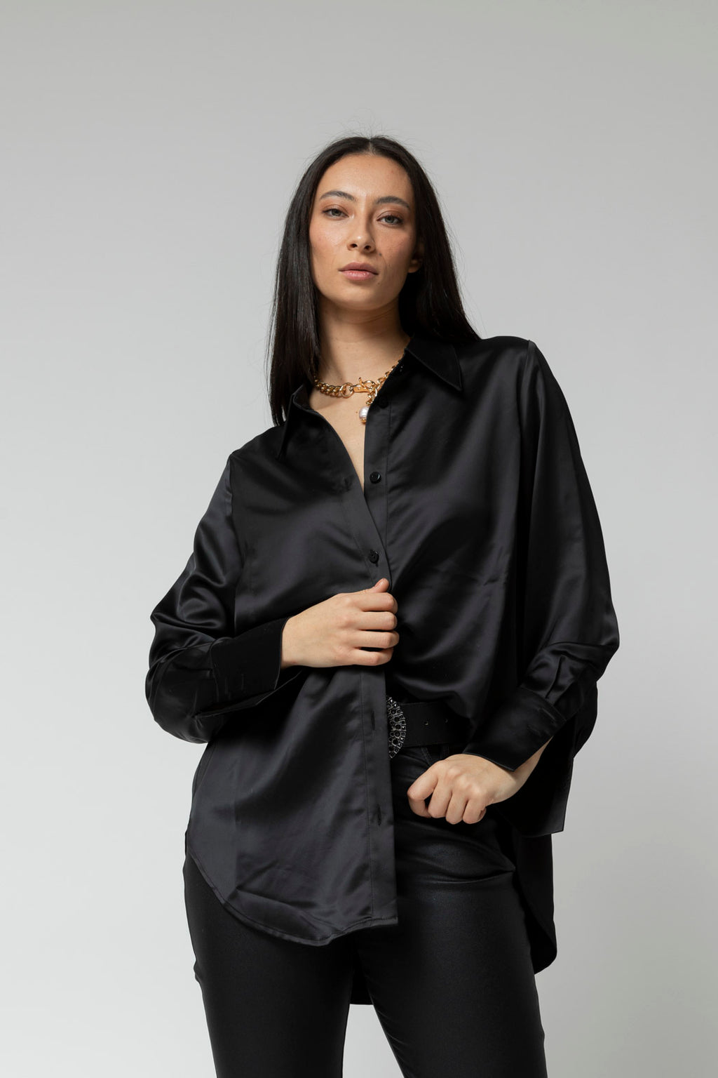 Black Satin Boyfriend Shirt- Sale