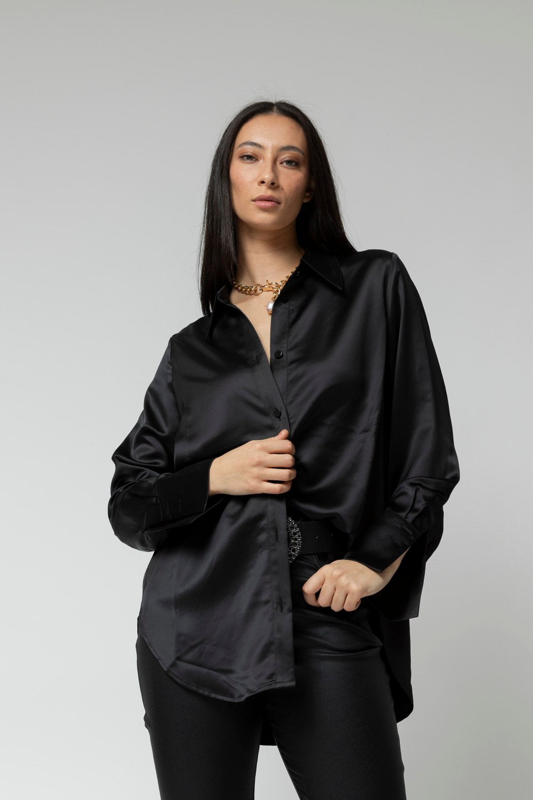 Black Satin Boyfriend Shirt- Sale